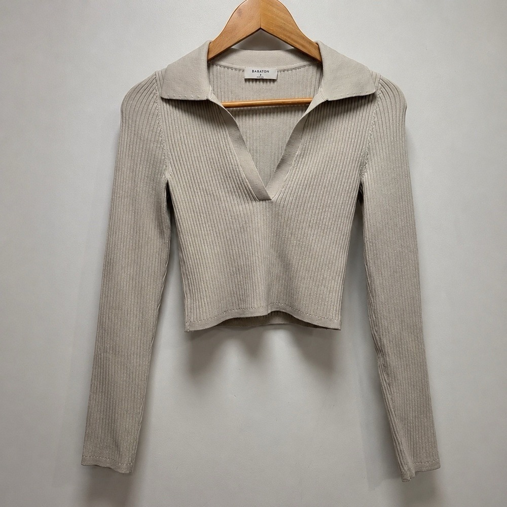 Babaton Aritzia Ribbed Knit Polo Sweater Crop Top Beige Long Sleeve Size S
